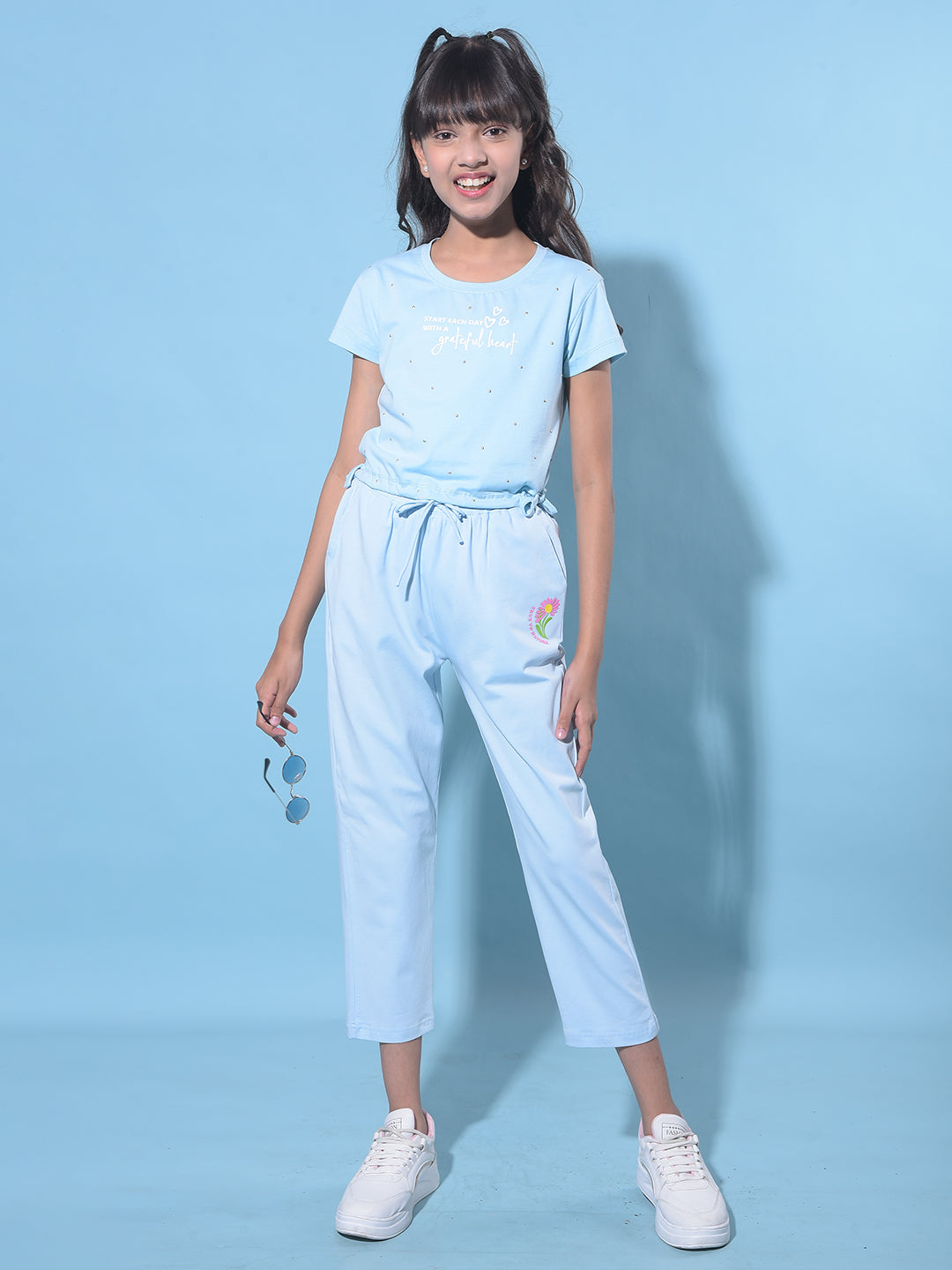 Blue Embellished Cropped T-Shirt-Girls T-Shirts-Crimsoune Club