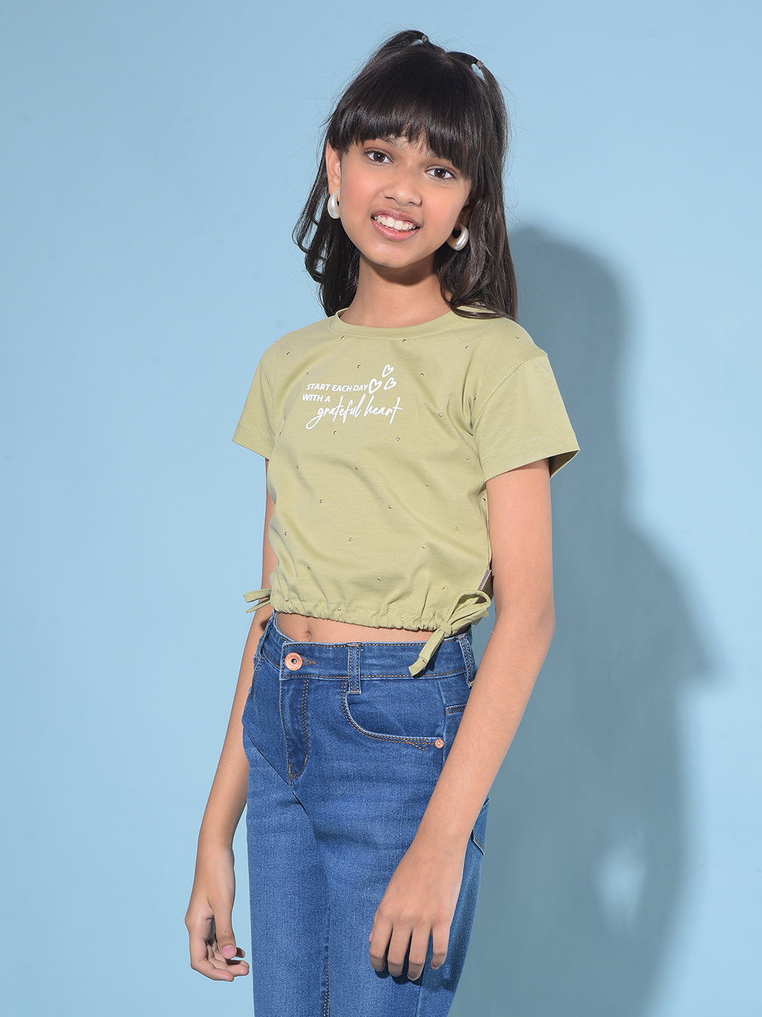 Green Typographic Print Crop Length T-Shirt-Girls T-Shirts-Crimsoune Club