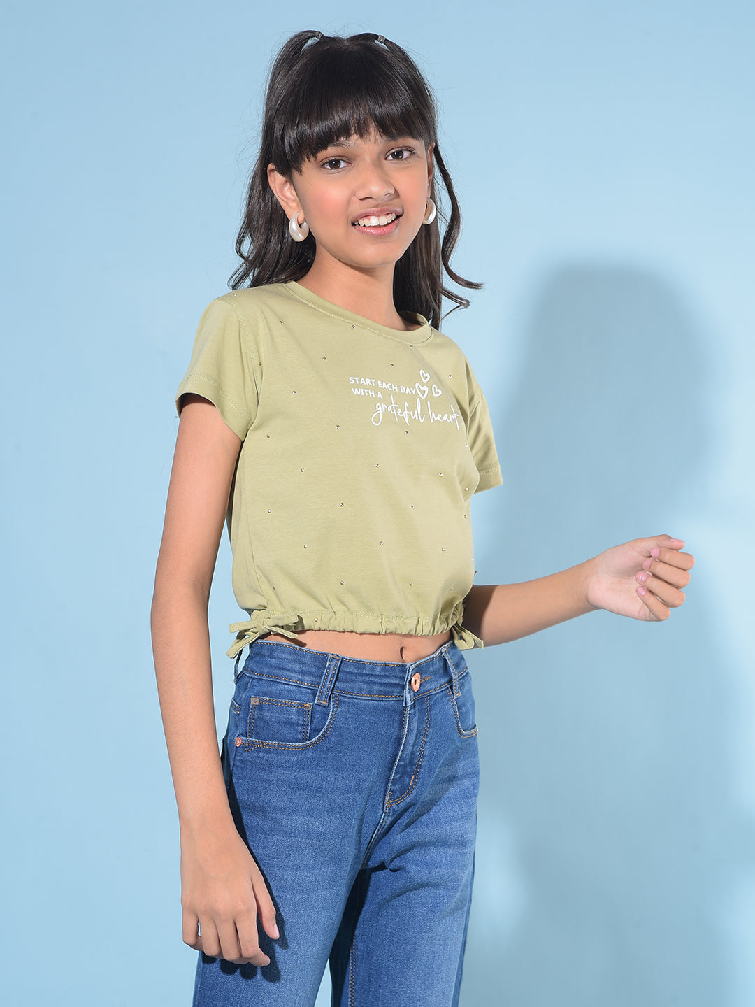 Green Typographic Print Crop Length T-Shirt-Girls T-Shirts-Crimsoune Club