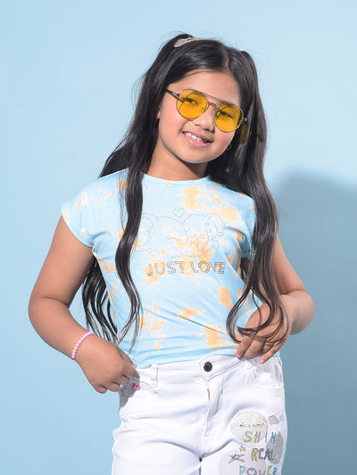 Blue Embellished Cotton T-Shirt-Girls T-Shirts-Crimsoune Club