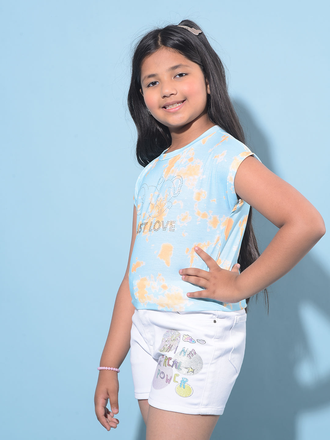 Blue Embellished Cotton T-Shirt-Girls T-Shirts-Crimsoune Club