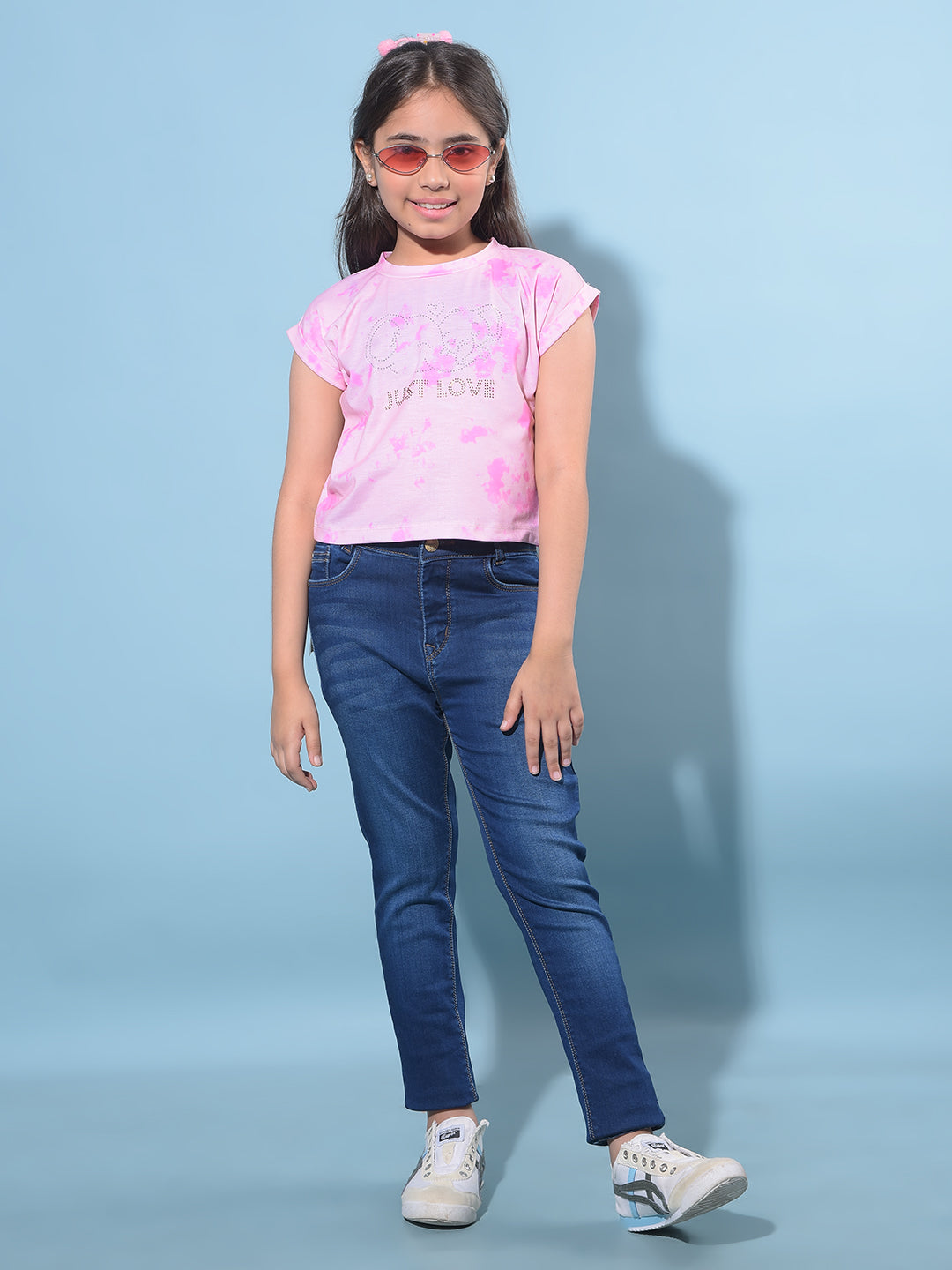 Peach Embellished Cotton T-Shirt-Girls T-Shirts-Crimsoune Club