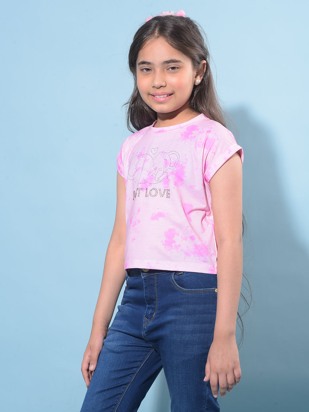 Peach Embellished Cotton T-Shirt-Girls T-Shirts-Crimsoune Club