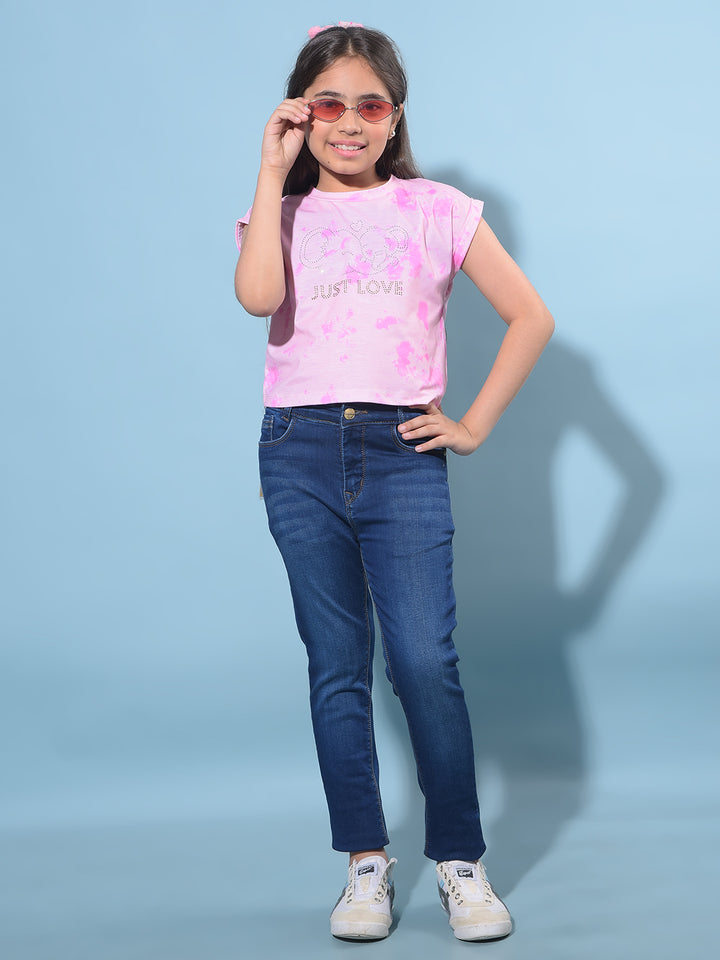 Peach Embellished Cotton T-Shirt-Girls T-Shirts-Crimsoune Club