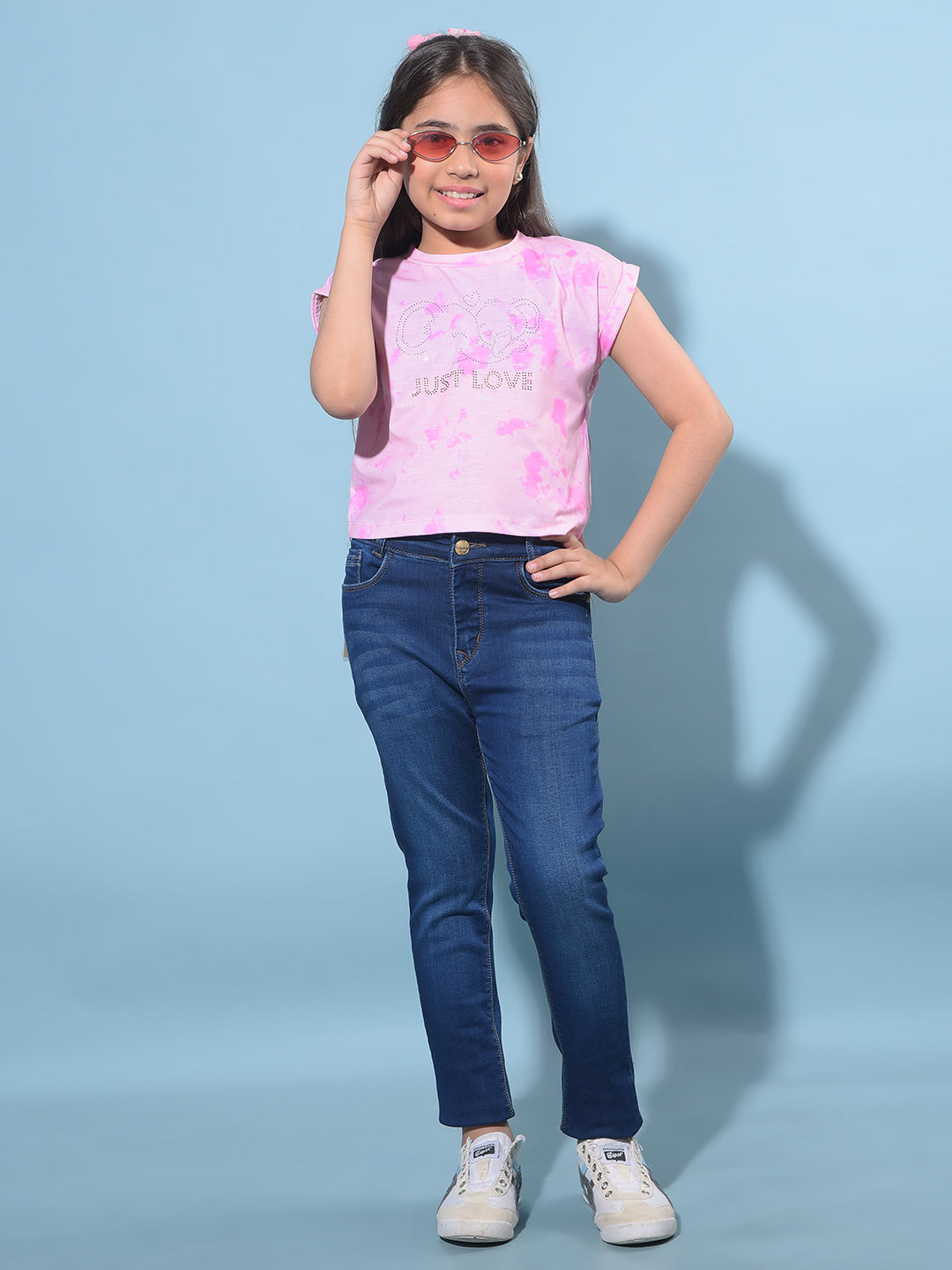 Peach Embellished Cotton T-Shirt-Girls T-Shirts-Crimsoune Club