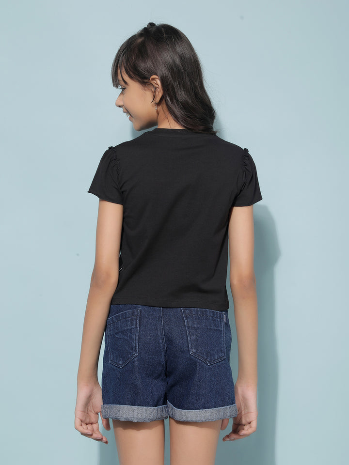 Black Graphic Print Crop Length T-Shirt-Girls T-Shirts-Crimsoune Club