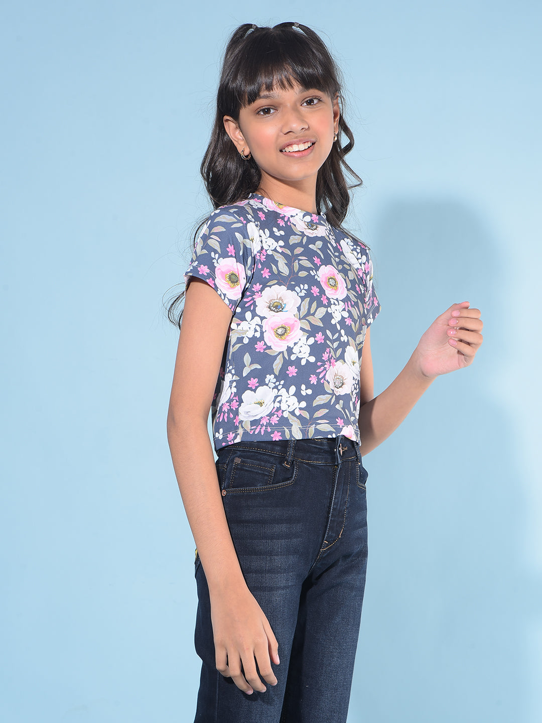 Navy Blue Floral Print Crop Length T-Shirt-Girls T-Shirts-Crimsoune Club