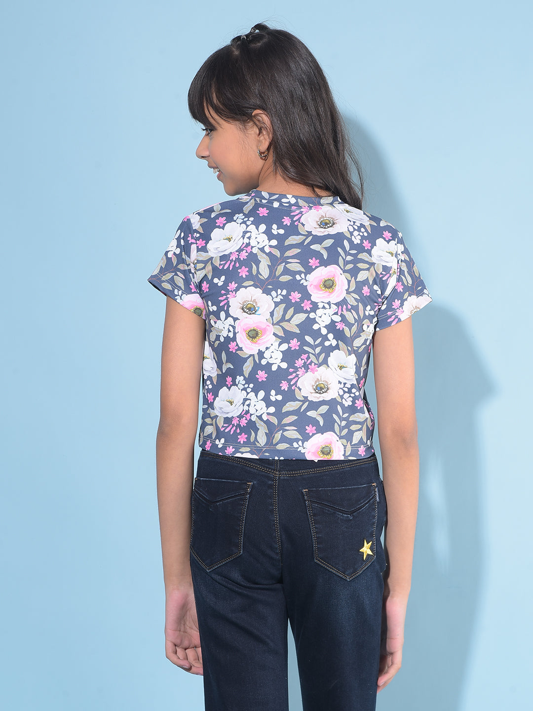 Navy Blue Floral Print Crop Length T-Shirt-Girls T-Shirts-Crimsoune Club