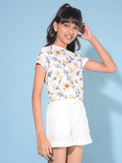 Yellow Floral Print Crop Length T-Shirt-Girls T-Shirts-Crimsoune Club