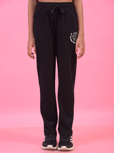 Girl's Black Typographic Print Trackpants-Girls Trackpants-Crimsoune Club