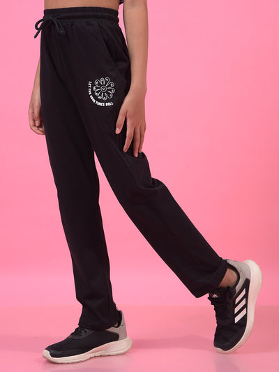 Girl's Black Typographic Print Trackpants-Girls Trackpants-Crimsoune Club