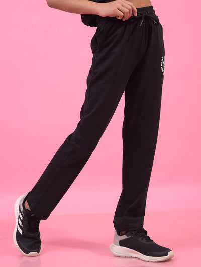 Girl's Black Typographic Print Trackpants-Girls Trackpants-Crimsoune Club