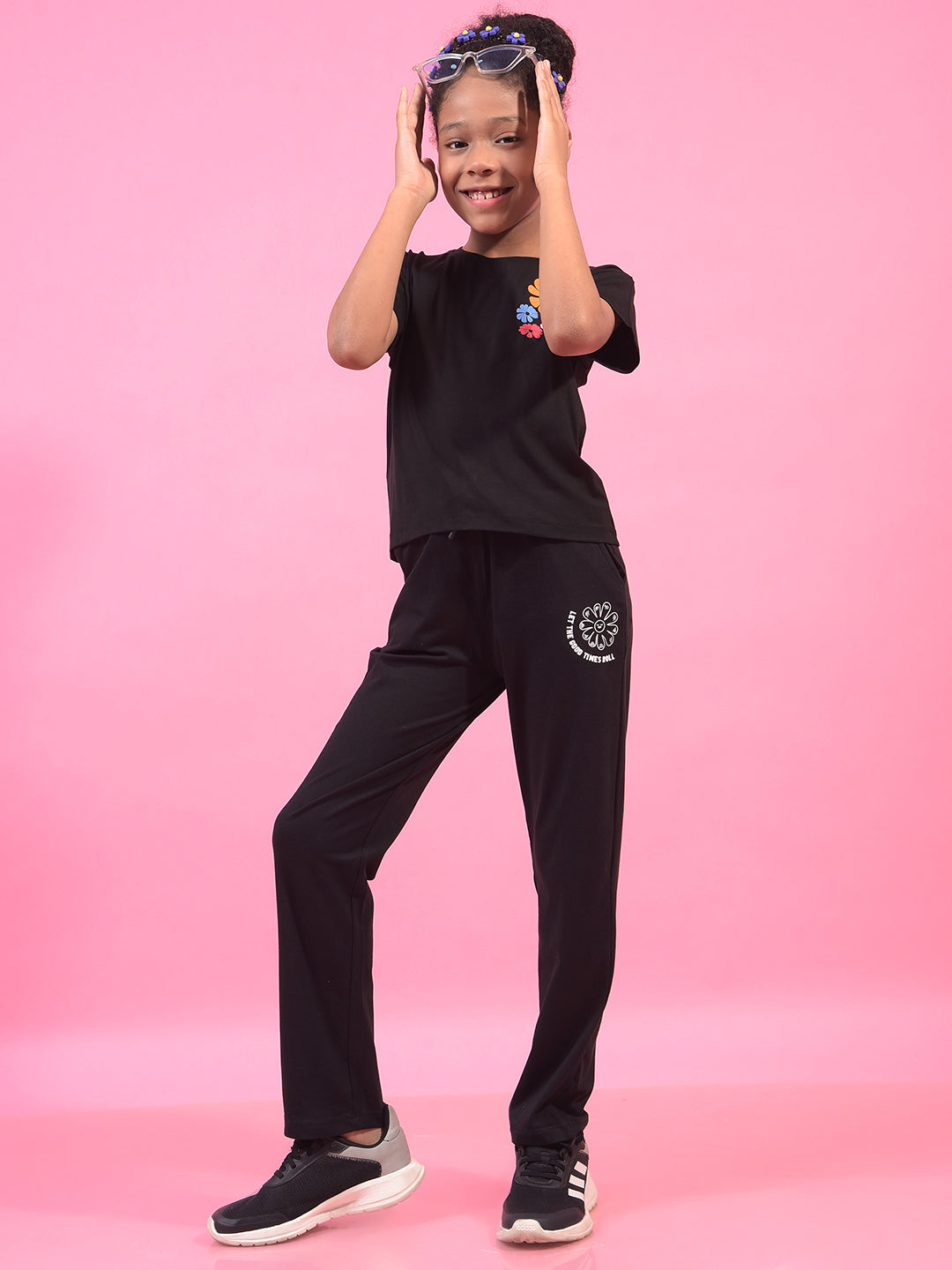 Girl's Black Typographic Print Trackpants-Girls Trackpants-Crimsoune Club