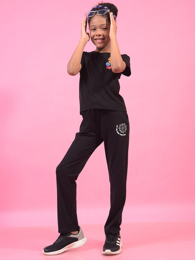 Girl's Black Typographic Print Trackpants-Girls Trackpants-Crimsoune Club