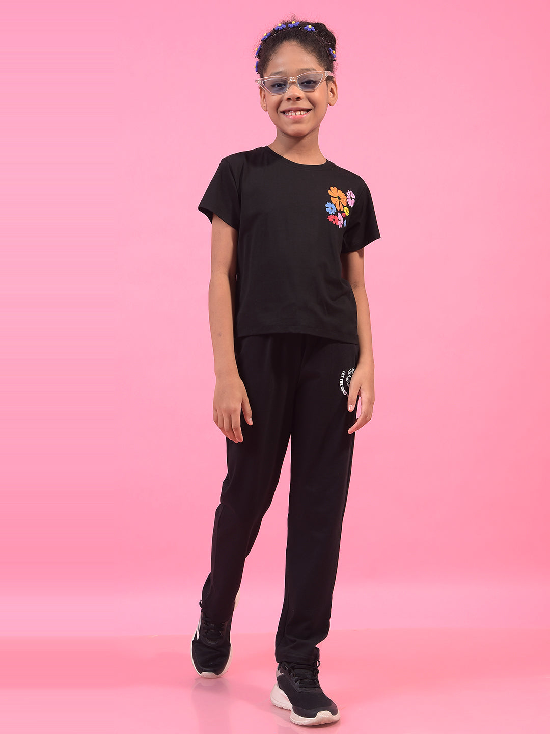 Girl's Black Typographic Print Trackpants-Girls Trackpants-Crimsoune Club