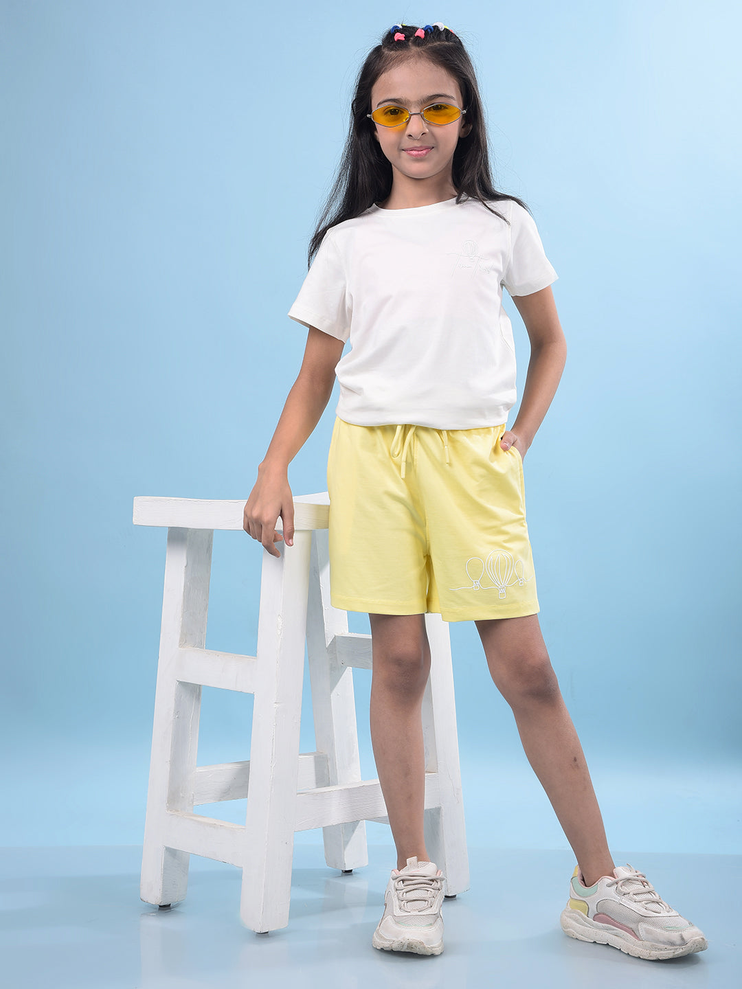 Yellow Printed Cotton Shorts-Girls Shorts-Crimsoune Club