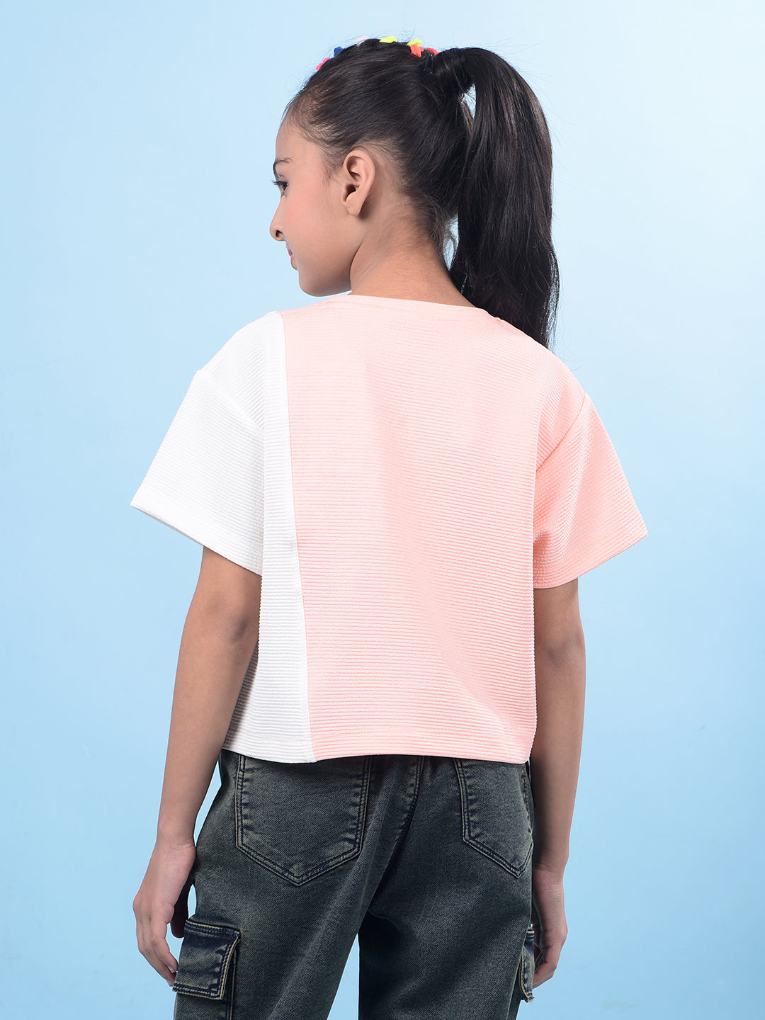 Peach Color-Blocked T-Shirt-Girls T-Shirts-Crimsoune Club