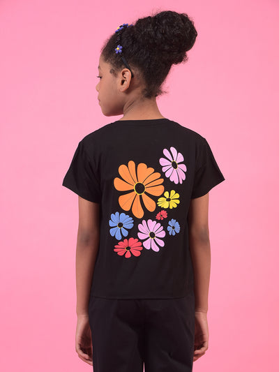 Girl's Black Graphic Print T-Shirt-Girls T-Shirts-Crimsoune Club