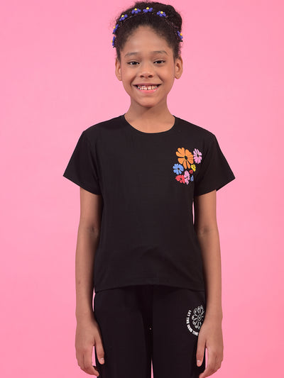 Girl's Black Graphic Print T-Shirt-Girls T-Shirts-Crimsoune Club