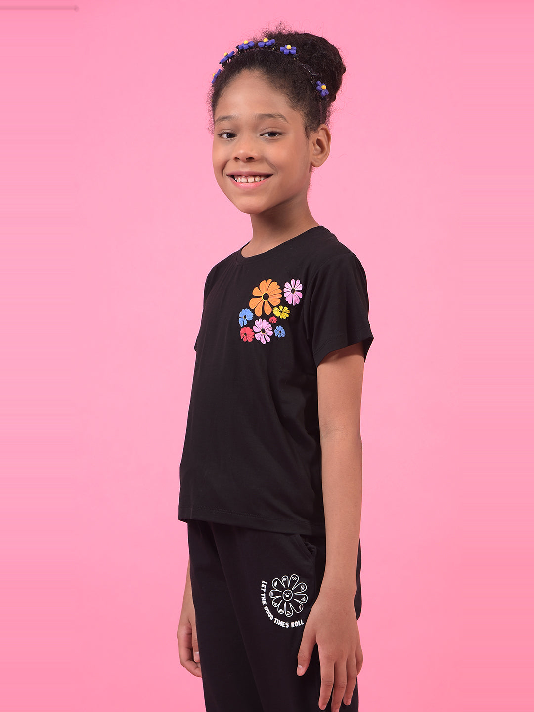 Girl's Black Graphic Print T-Shirt-Girls T-Shirts-Crimsoune Club