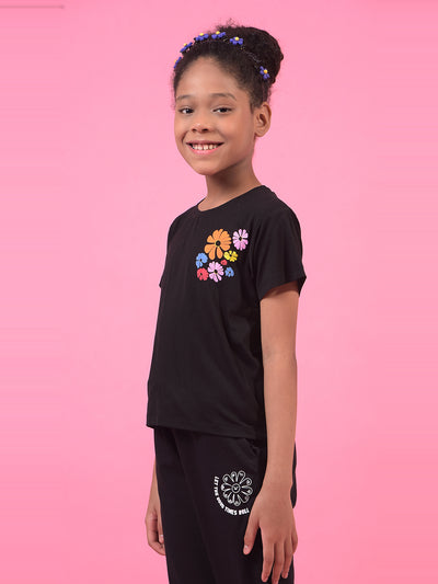 Girl's Black Graphic Print T-Shirt-Girls T-Shirts-Crimsoune Club