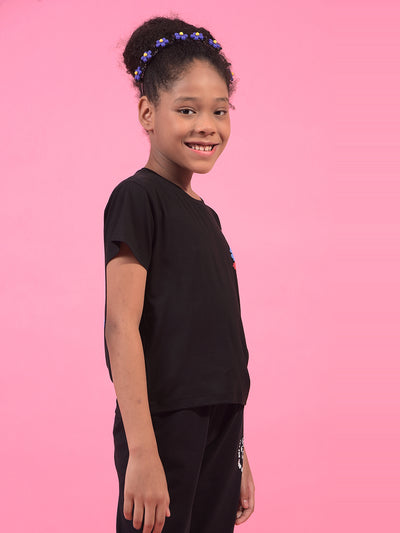 Girl's Black Graphic Print T-Shirt-Girls T-Shirts-Crimsoune Club