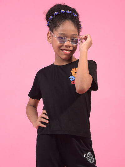 Girl's Black Graphic Print T-Shirt-Girls T-Shirts-Crimsoune Club