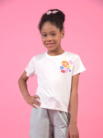Girl's White Graphic Print T-Shirt-Girls T-Shirts-Crimsoune Club