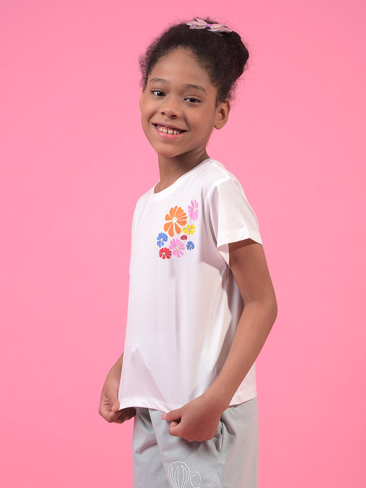 Girl's White Graphic Print T-Shirt-Girls T-Shirts-Crimsoune Club