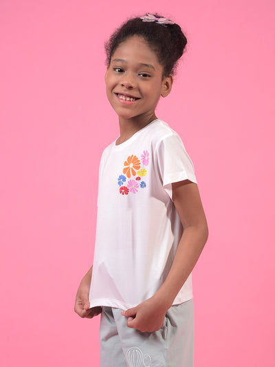 Girl's White Graphic Print T-Shirt-Girls T-Shirts-Crimsoune Club