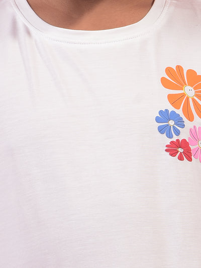 Girl's White Graphic Print T-Shirt-Girls T-Shirts-Crimsoune Club