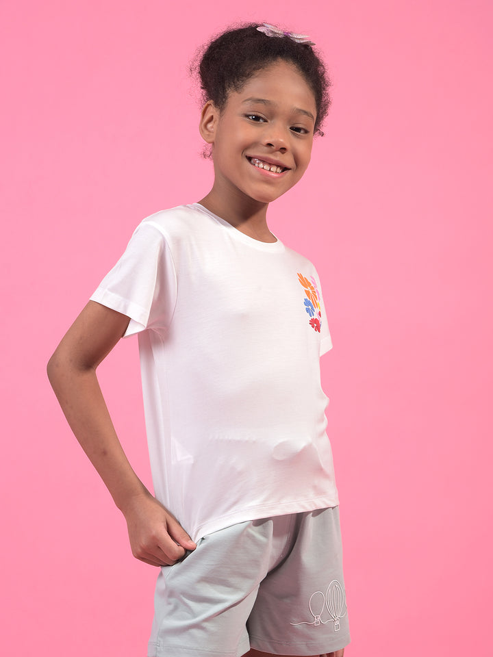 Girl's White Graphic Print T-Shirt-Girls T-Shirts-Crimsoune Club