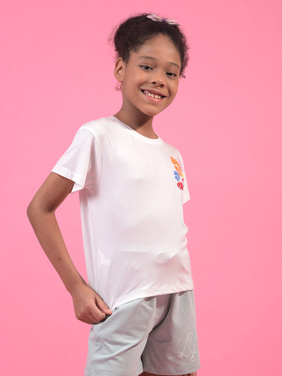 Girl's White Graphic Print T-Shirt-Girls T-Shirts-Crimsoune Club