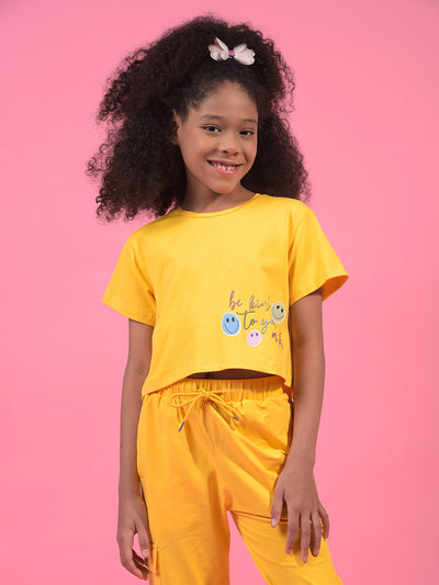 Girl's Mustard Typographic Print Cropped T-Shirt-Girls T-Shirts-Crimsoune Club