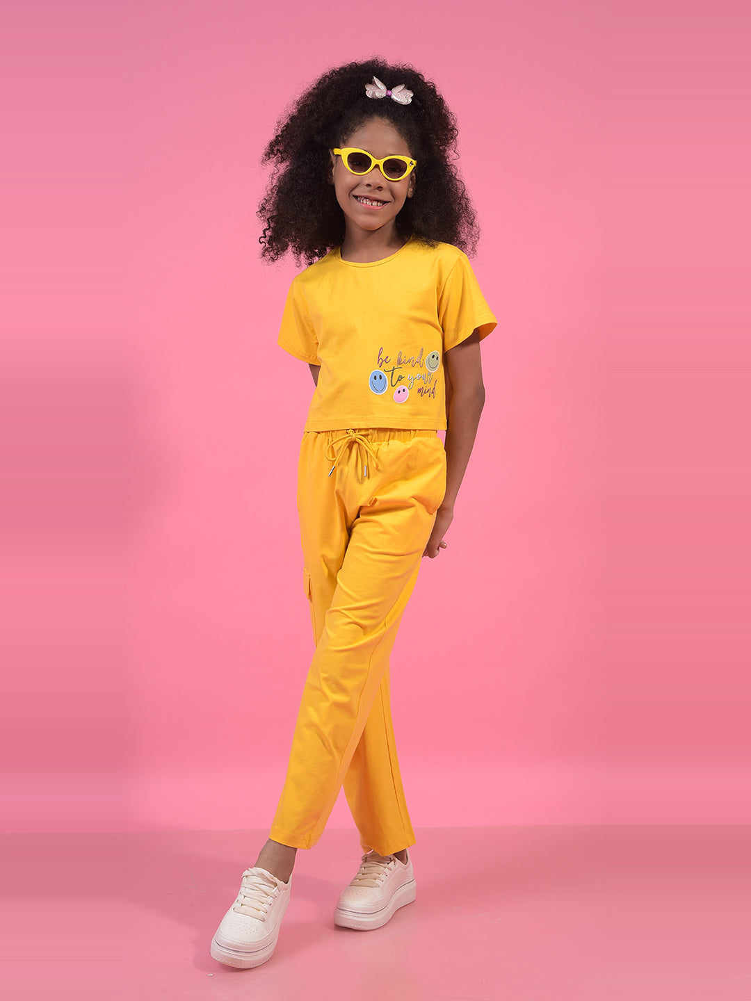 Girl's Mustard Typographic Print Cropped T-Shirt-Girls T-Shirts-Crimsoune Club