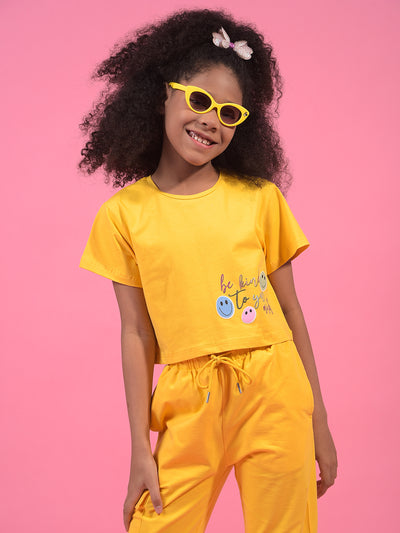 Girl's Mustard Typographic Print Cropped T-Shirt-Girls T-Shirts-Crimsoune Club