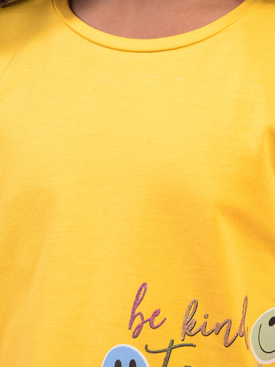 Girl's Mustard Typographic Print Cropped T-Shirt-Girls T-Shirts-Crimsoune Club