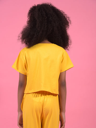 Girl's Mustard Typographic Print Cropped T-Shirt-Girls T-Shirts-Crimsoune Club