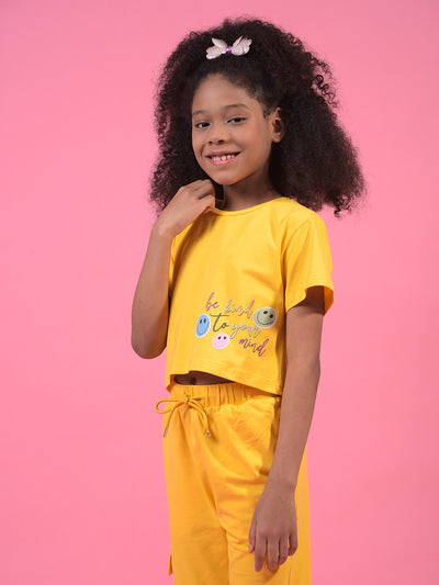 Girl's Mustard Typographic Print Cropped T-Shirt-Girls T-Shirts-Crimsoune Club