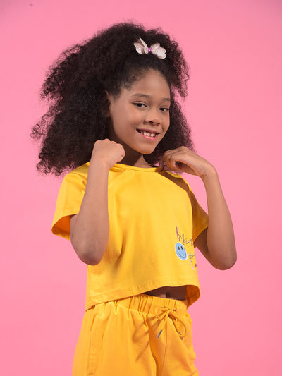 Girl's Mustard Typographic Print Cropped T-Shirt-Girls T-Shirts-Crimsoune Club