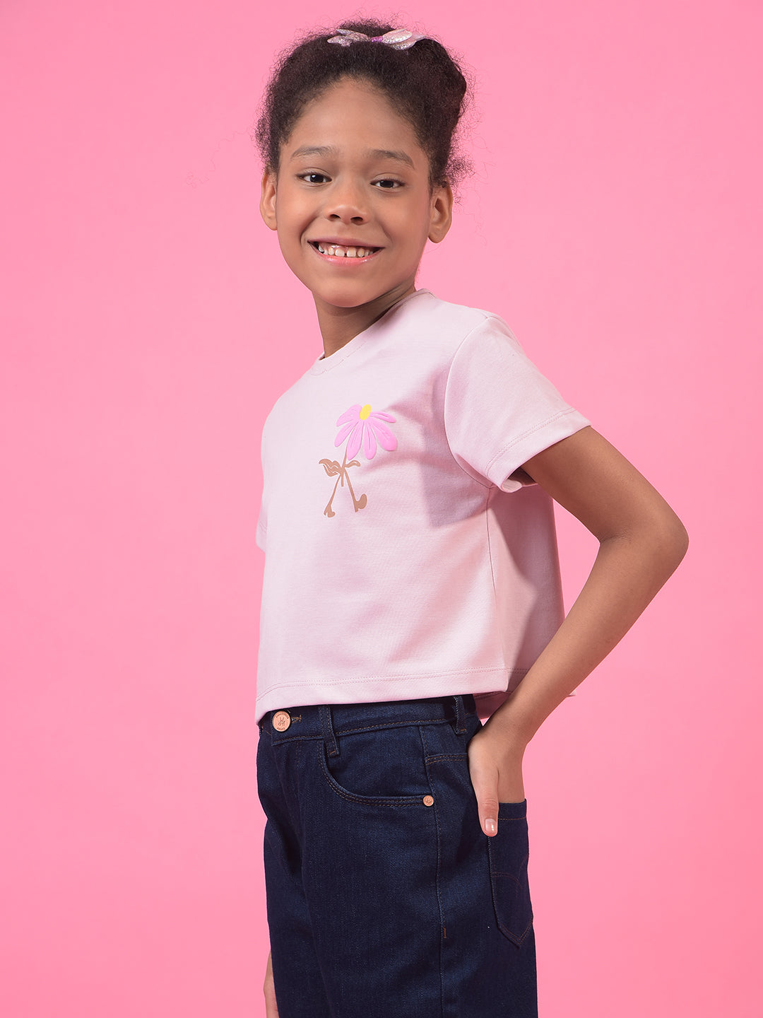 Girl's Pink Embellished T-Shirt-Girls T-Shirts-Crimsoune Club