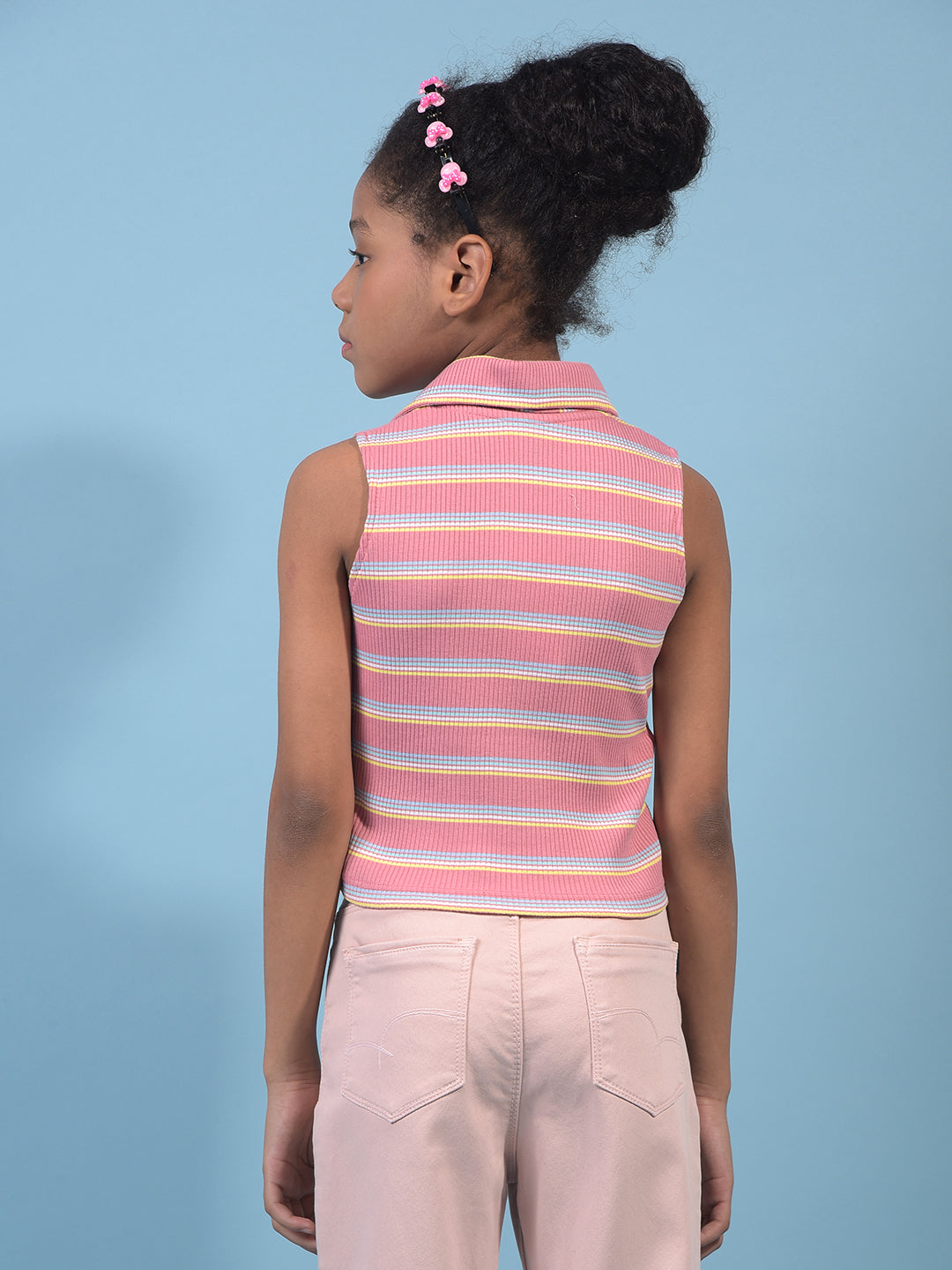 Girl's Pink Horizontal Stripes Sleeveless T-Shirt-Girls T-Shirts-Crimsoune Club