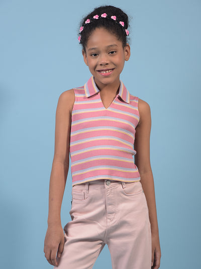Girl's Pink Horizontal Stripes Sleeveless T-Shirt-Girls T-Shirts-Crimsoune Club
