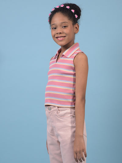 Girl's Pink Horizontal Stripes Sleeveless T-Shirt-Girls T-Shirts-Crimsoune Club