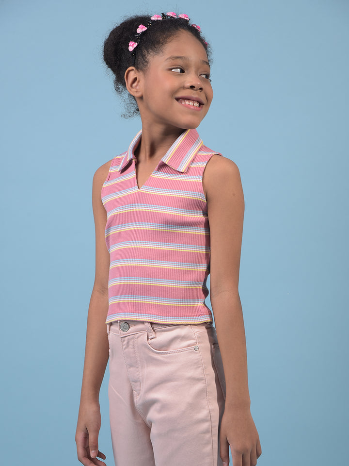 Girl's Pink Horizontal Stripes Sleeveless T-Shirt-Girls T-Shirts-Crimsoune Club