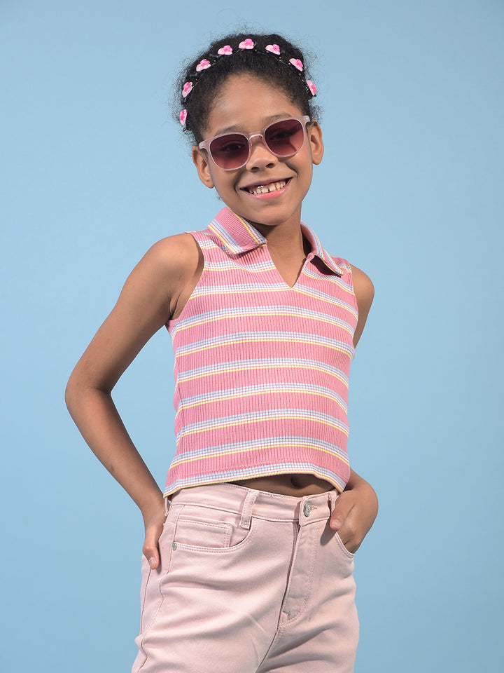 Girl's Pink Horizontal Stripes Sleeveless T-Shirt-Girls T-Shirts-Crimsoune Club