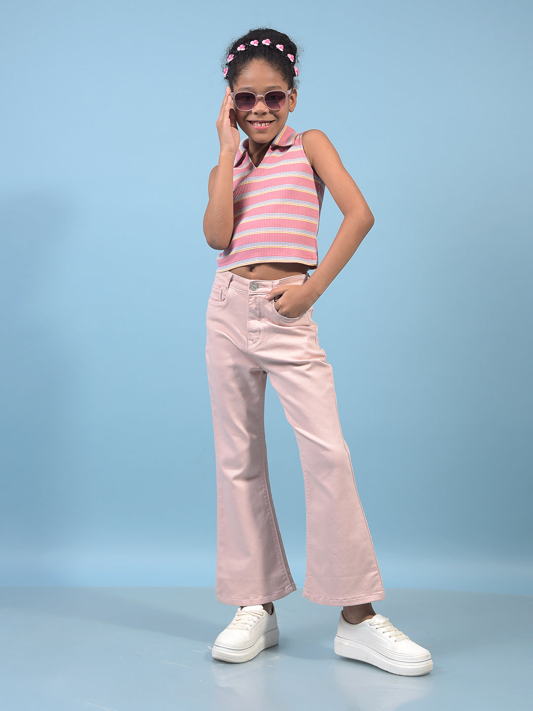 Girl's Pink Horizontal Stripes Sleeveless T-Shirt-Girls T-Shirts-Crimsoune Club