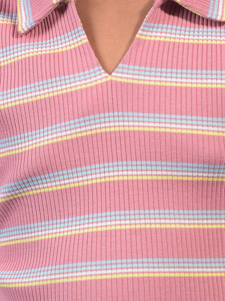 Girl's Pink Horizontal Stripes Sleeveless T-Shirt-Girls T-Shirts-Crimsoune Club