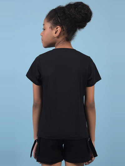 Girl's Black Embellished T-Shirt-Girls T-Shirts-Crimsoune Club