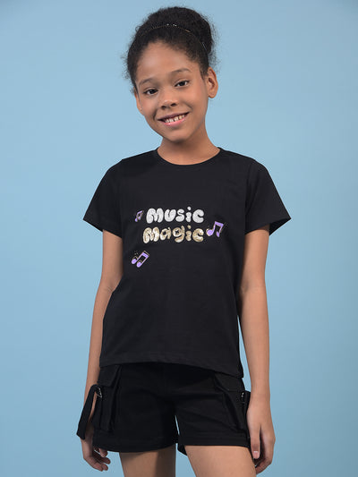 Girl's Black Embellished T-Shirt-Girls T-Shirts-Crimsoune Club